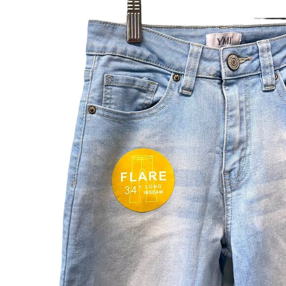 YMI High Rise Flare Leg Jeans Light Wash Distressed Raw Hem Size 3 Boho NWT - Picture 2 of 6